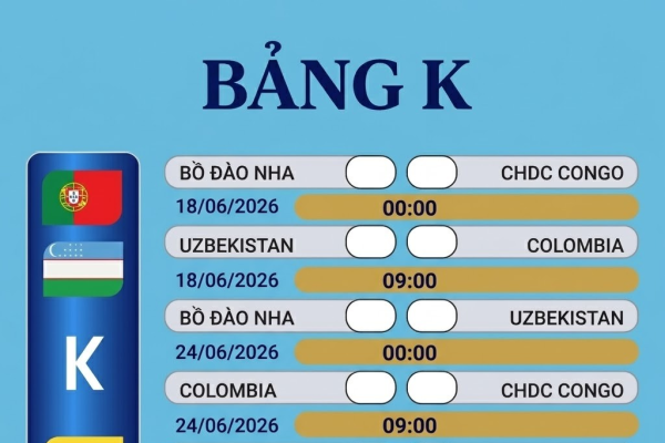 KỲ 40: LỊCH THI ĐẤU BẢNG K